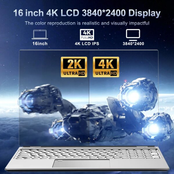 New 16" Inch 4K Laptop, 120 Hz ultra-clear screen, Windows 11 Pro Portable PC Gaming notebooks 32GB 2TB fingerprint unlock - Image 4